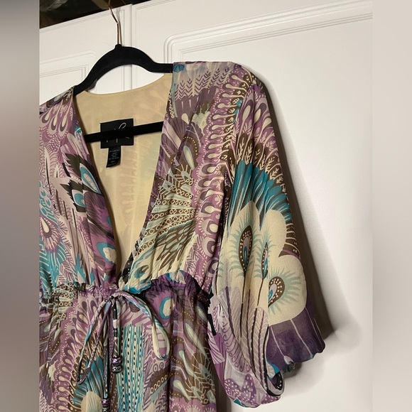 Y2K Tricia Fix 100% Silk Boho Peacock Dress - Picture 5 of 11